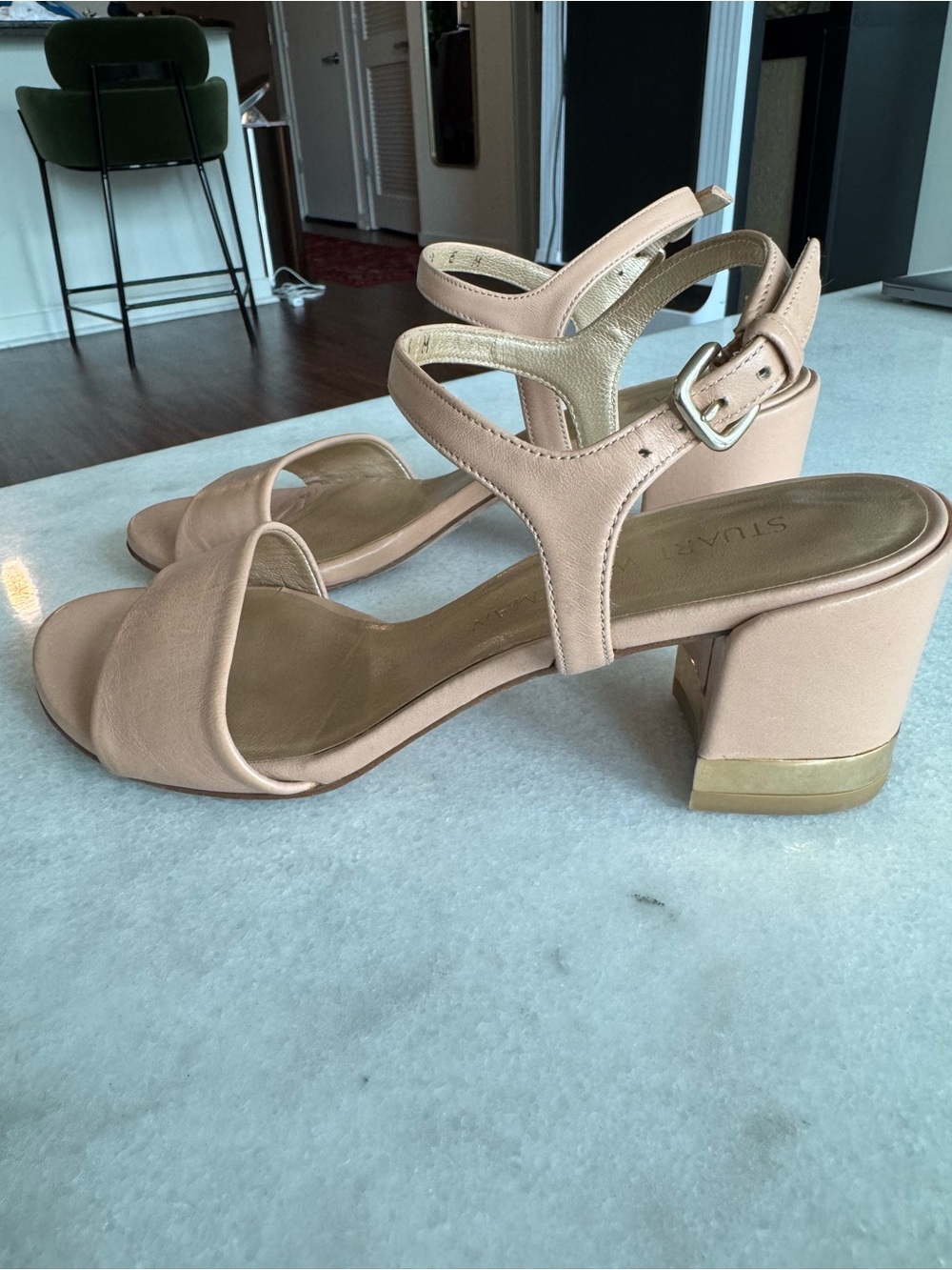 Stuart Weitzman Leather Nude Block Heel Sandals with Ankle Strap